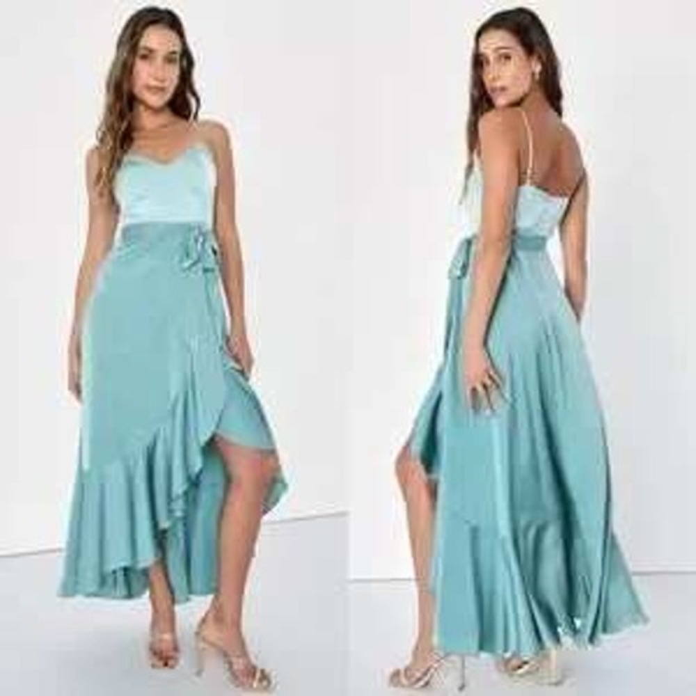 NWT Lulus Double Darling Sage Green Satin Ruffle‎ Maxi Dress Womens XL Evening